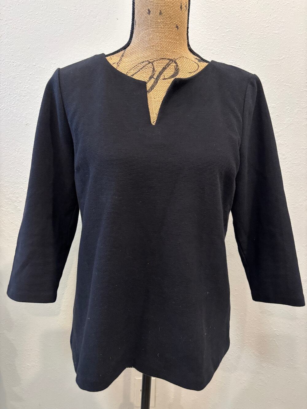 Talbots Split Neck Top Womens Size Medium Petite Black Office Career